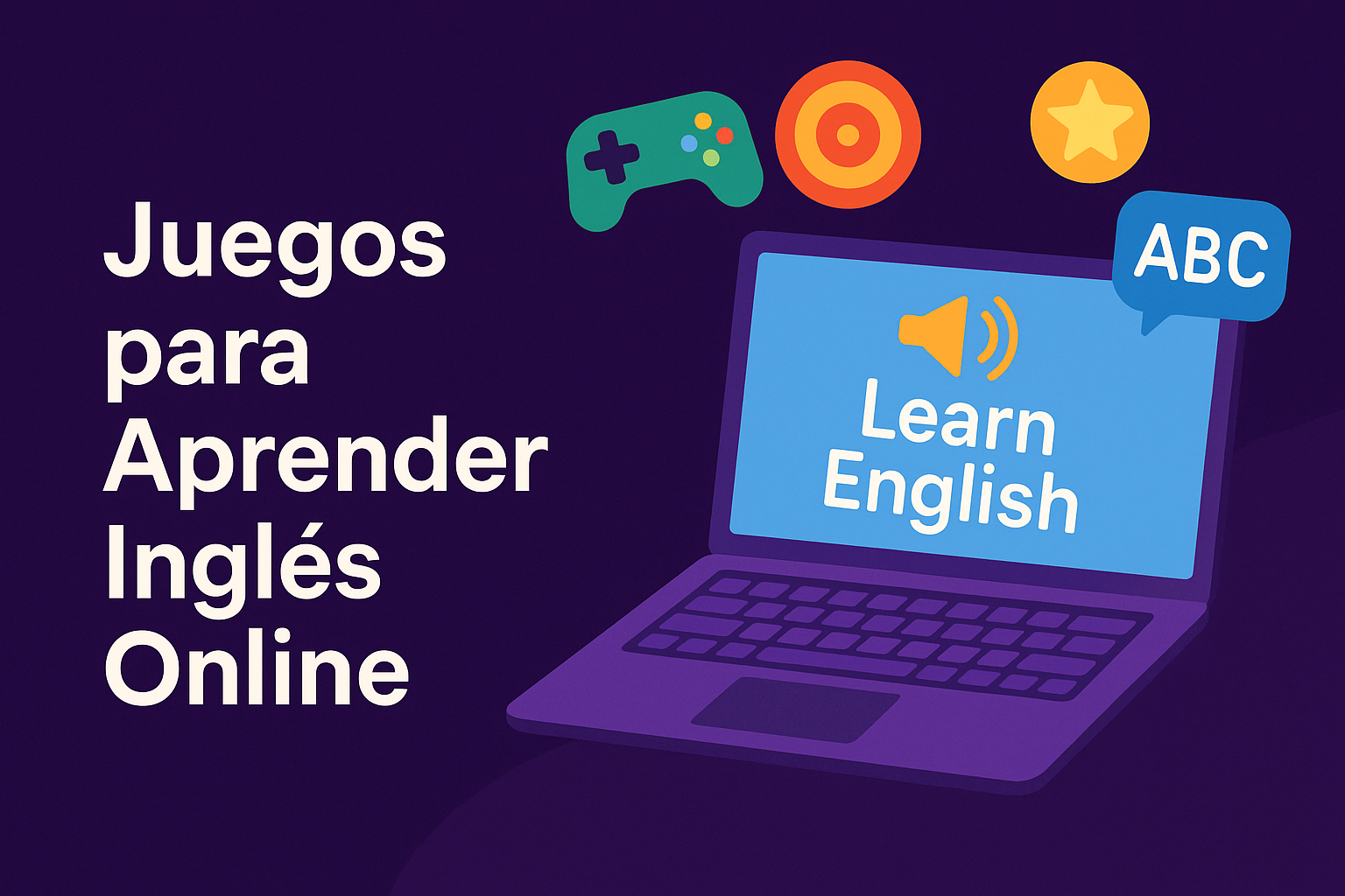 Ilustración de juegos para aprender inglés online con laptop, joystick y símbolos educativos sobre fondo violeta.