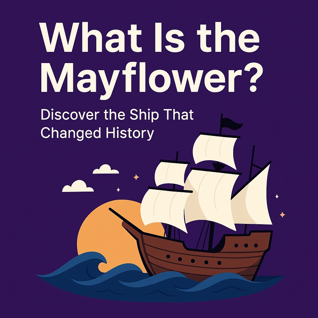 Illustration of the Mayflower ship sailing at sea with the text “What Is the Mayflower? Discover the Ship That Changed History”