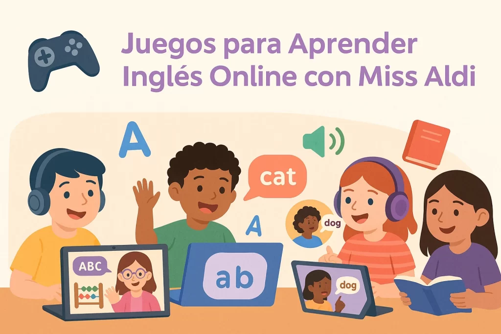 Niños aprendiendo inglés online con juegos interactivos divertidos y educativos junto a Miss Aldi