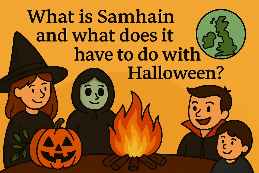 Illustration of kids in Halloween costumes sitting around a bonfire with a carved pumpkin and a map of the British Isles, asking: What is Samhain and what does it have to do with Halloween?