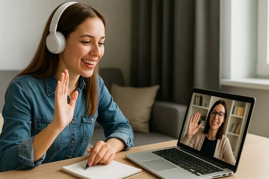 Estudiante sonriendo mientras tiene clases de conversación en inglés online con una profesora.